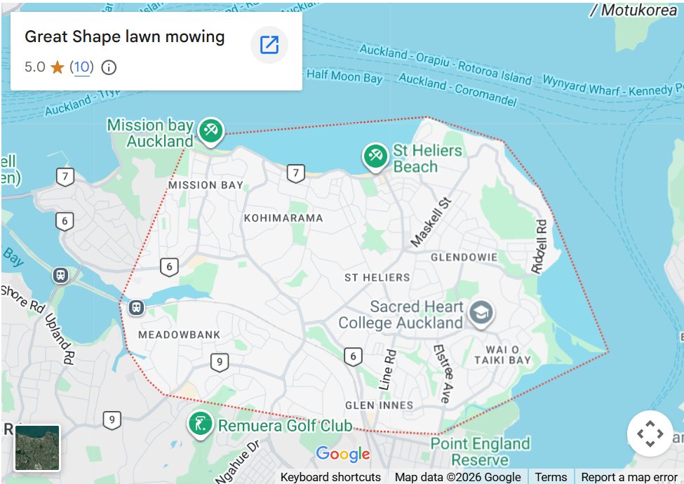 Great Shape Lawn Mowing service area map covering Saint Heliers, Mission Bay, Kohimarama, Meadowbank and St Johns, Auckland